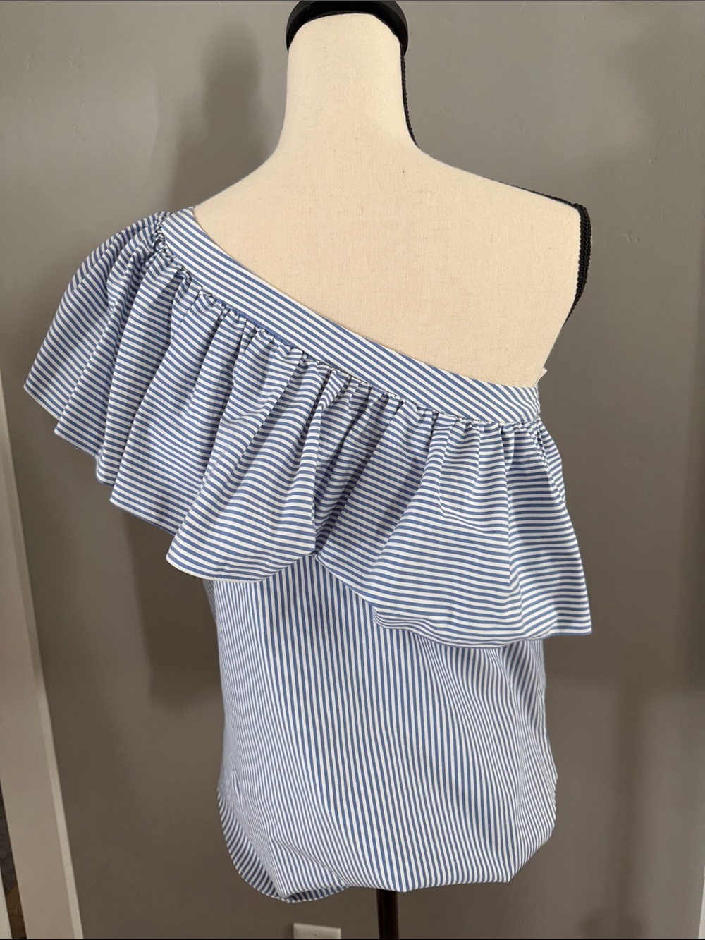 Blue Striped One-Shoulder Ruffle Shirt - Picture 3 of 3